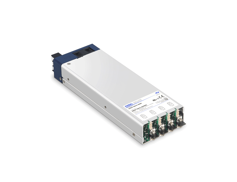 Cosel AME400F configurable AC/DC power supply, enclosed metal case with four output module slots and terminals.