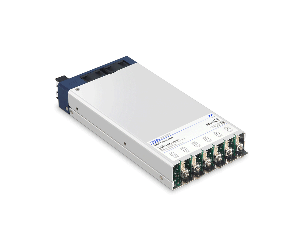 Cosel AME800F configurable AC-DC power supply, enclosed metal case with multiple output module slots and terminals.