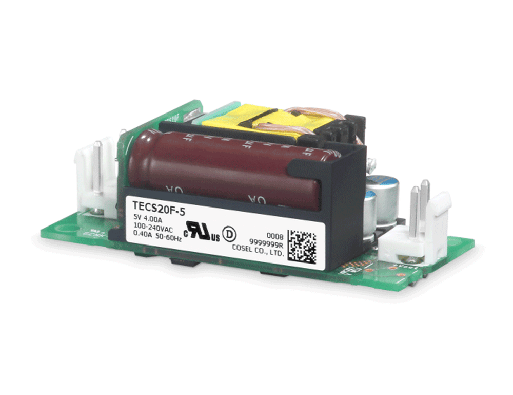 Cosel TECS20F-5 open-frame AC-DC power supply, 20W 5V output, board-level unit with capacitor and transformer.