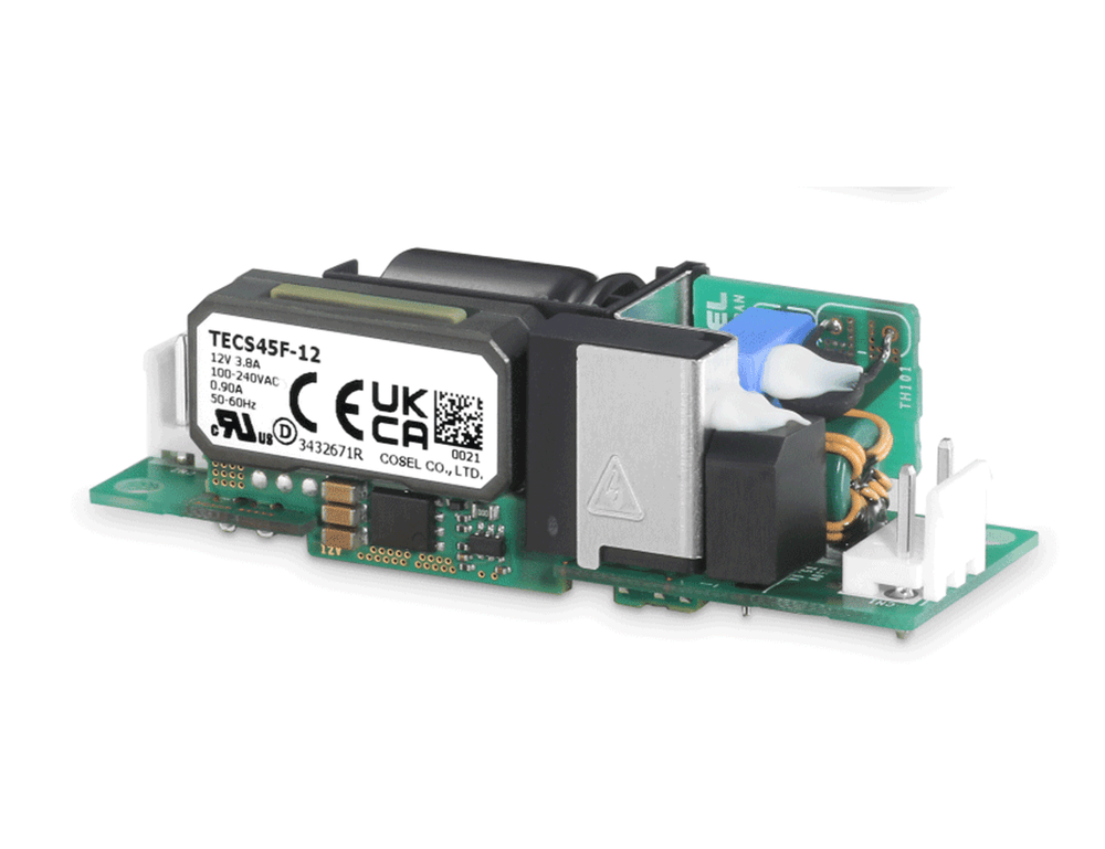 Cosel TECS45F-12 open-frame AC-DC power supply, 45W 12V output, with PCB components and safety certifications.