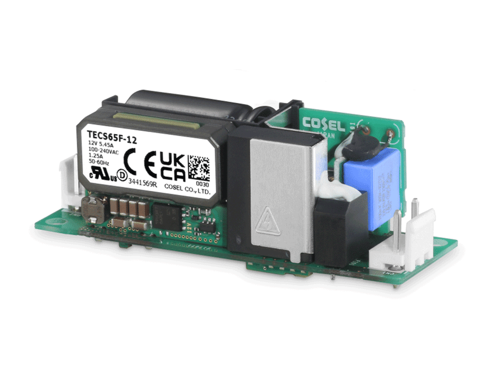 Cosel TECS65F-12 open-frame AC-DC power supply, 65W 12V output, board-mount unit with exposed PCB layout.