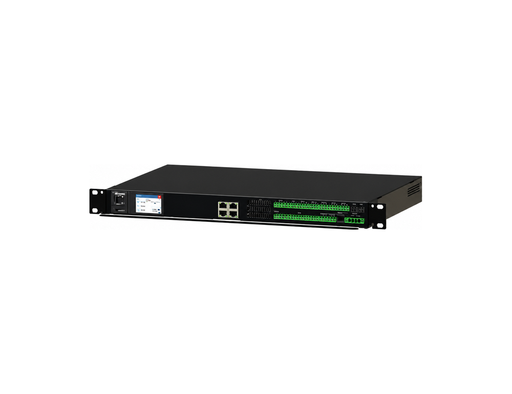 Delta CU-31A F rack-mounted site controller, shown in an angled front view with display, Ethernet ports and green terminal connections.