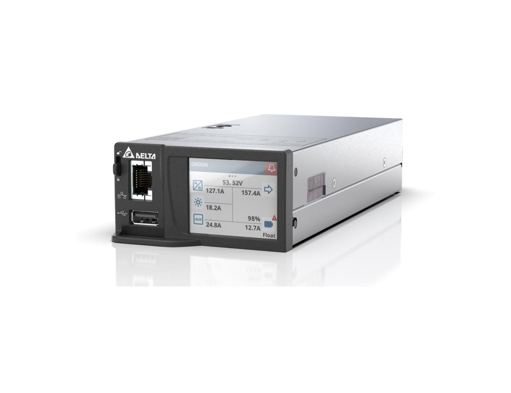 Delta ORION Touch power system controller, shown in an angled front view with colour touchscreen, Ethernet port and USB port.