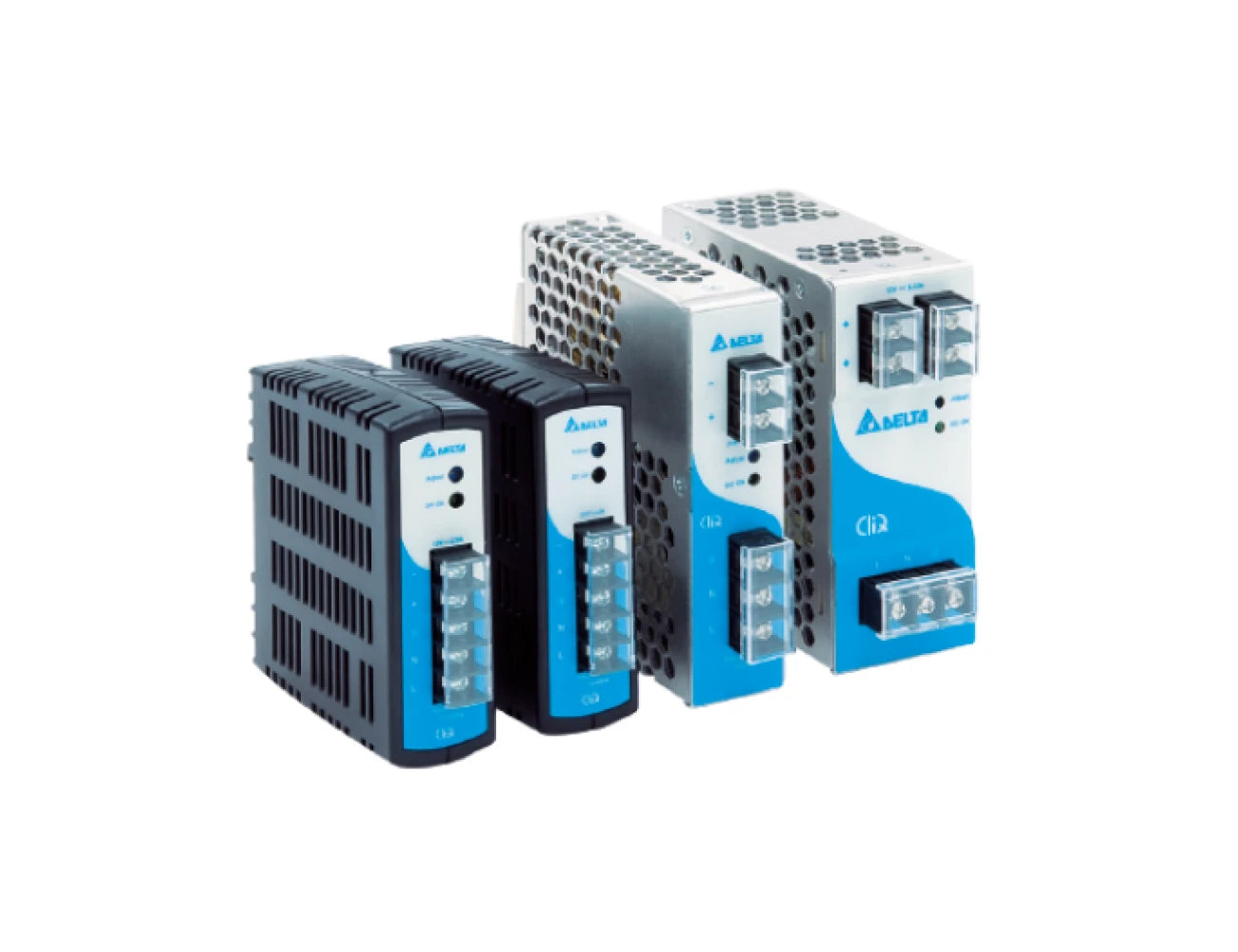 Delta power converters with blue accents and terminal connectors for industrial use