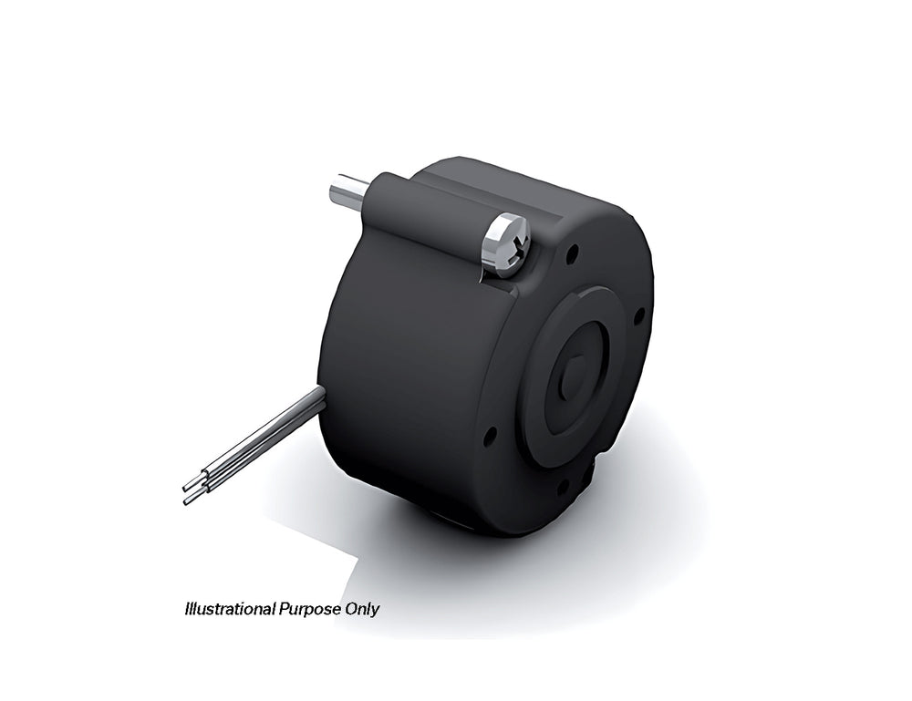 Dunkermotoren E50A power-on brake with black housing, mounting flange, output shaft and lead wires