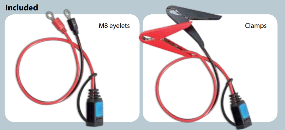 M8 eyelets and battery clamps with red and black leads.