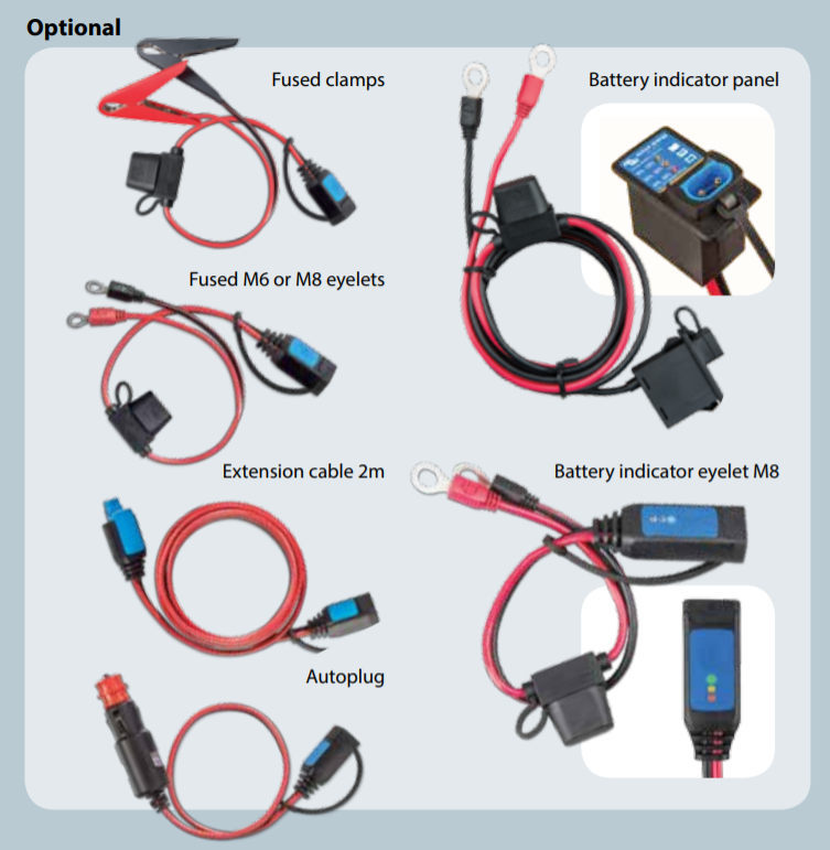 Accessory options: fused clamps, eyelets, extension cable, battery indicators and autop lug.