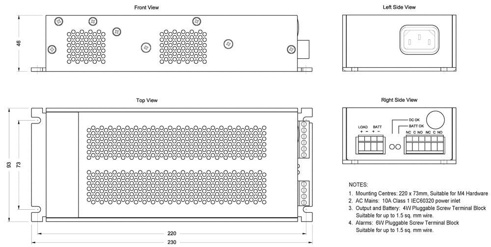 Technical drawing of a power supply unit with dimensions.