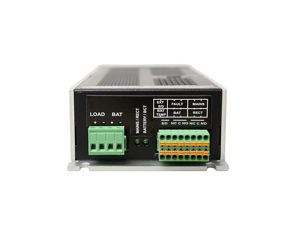 Powerbox PB356 DC-UPS front panel with load and battery terminals, status LEDs and fault relay contacts.
