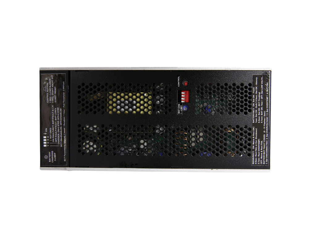 Powerbox PB356 DC-UPS top panel showing control button, DIP switch settings and battery charge current limit adjustment.