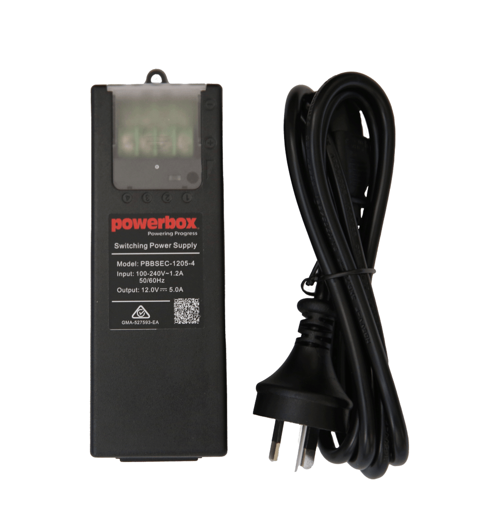 Powerbox PBBSEC-1205-4 12 V 5 A switching power supply front view with coiled Australian mains lead.