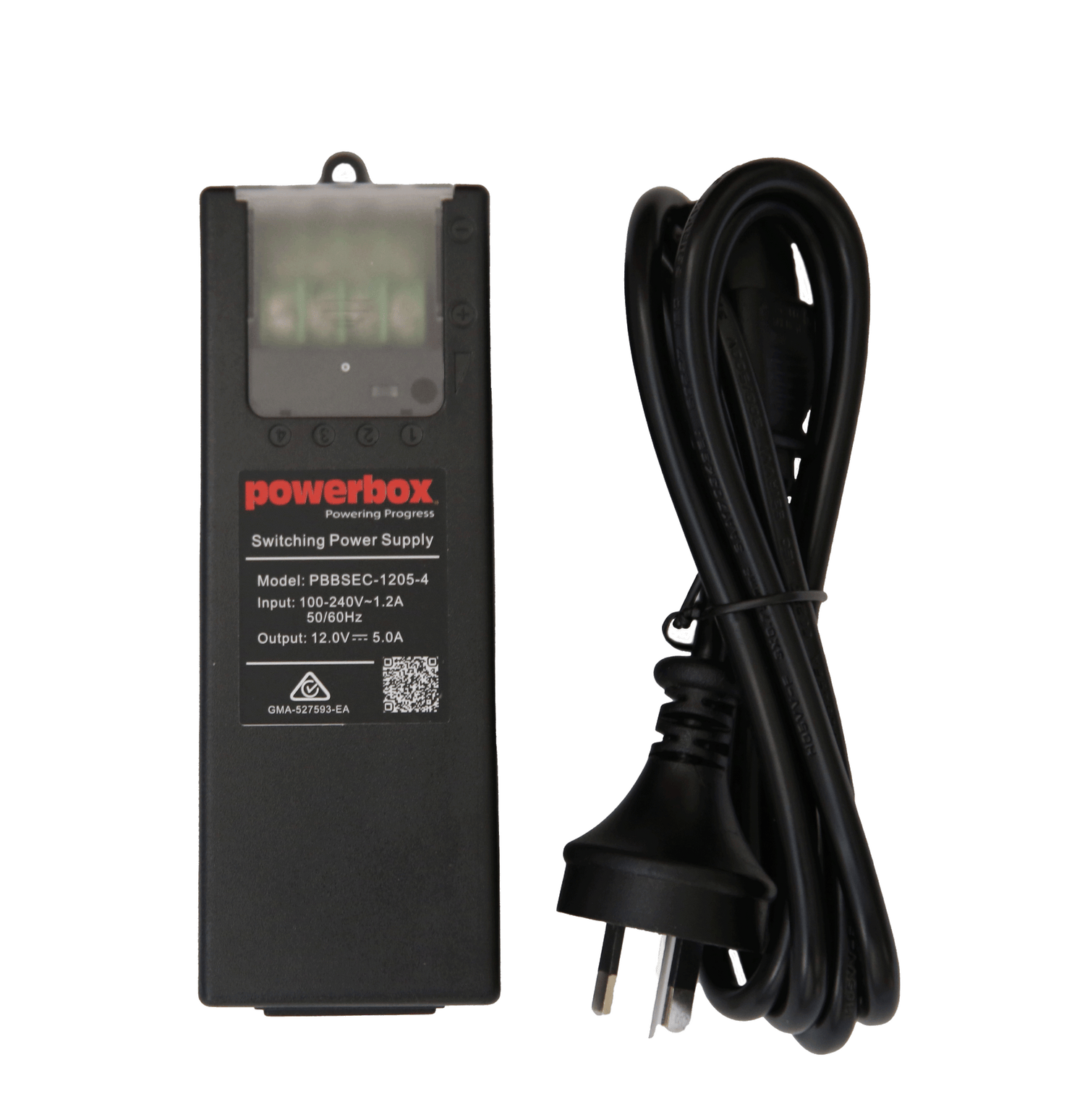 Powerbox PBBSEC-1205-4 12 V 5 A switching power supply front view with coiled Australian mains lead.