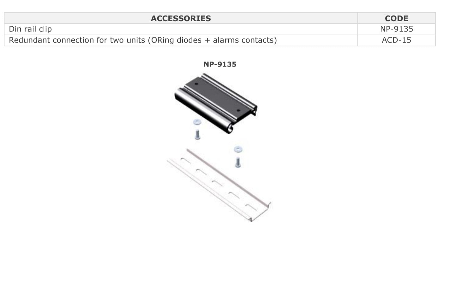 NP-9135 DIN rail clip accessory for industrial power systems with mounting hardware