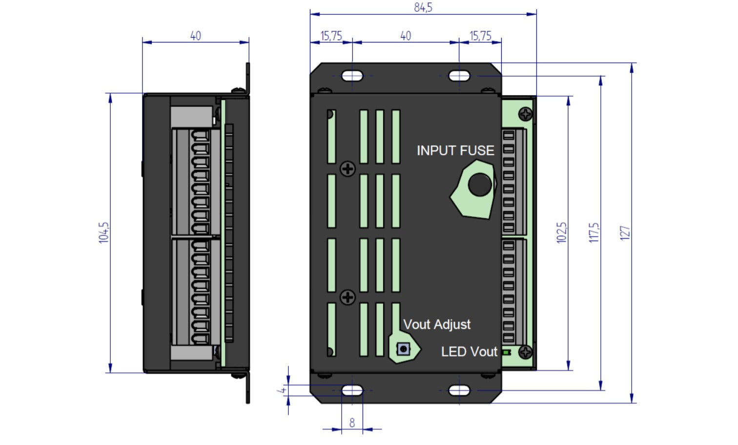 Industrial power converter with input fuse, voltage adjust, and LED output indicators, shown with dimensions.