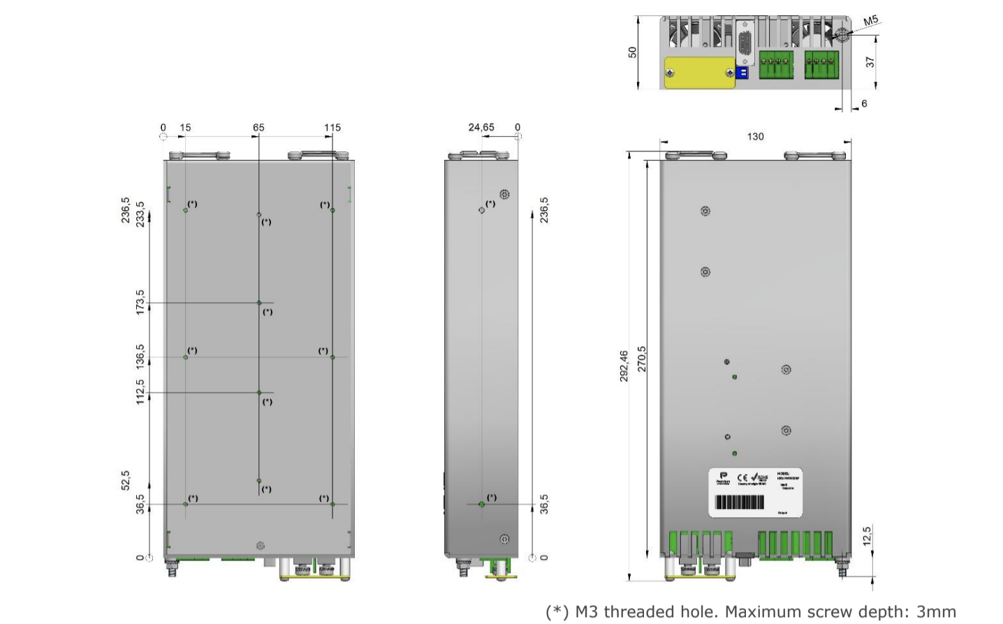 Engineering diagram showing dimensions of an electrical component.