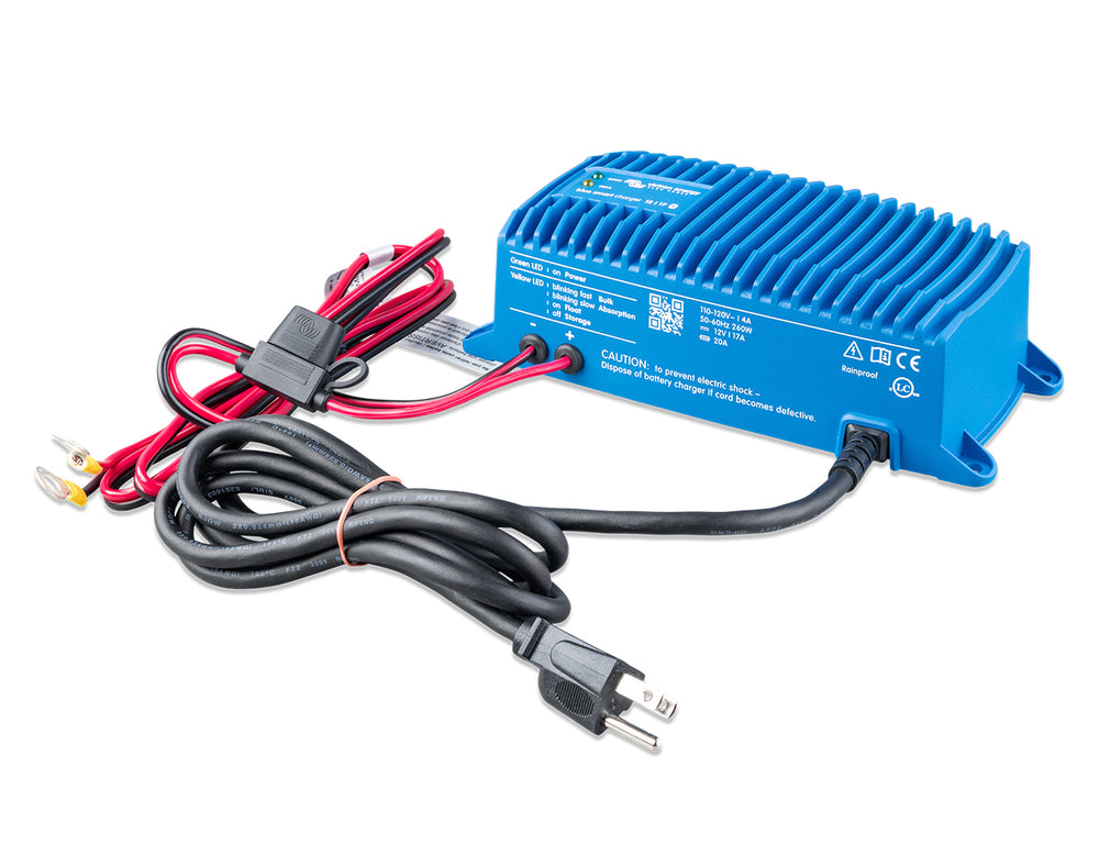 Victron Blue Smart IP67 charger series, 120Vac version, left side view with fused battery cables