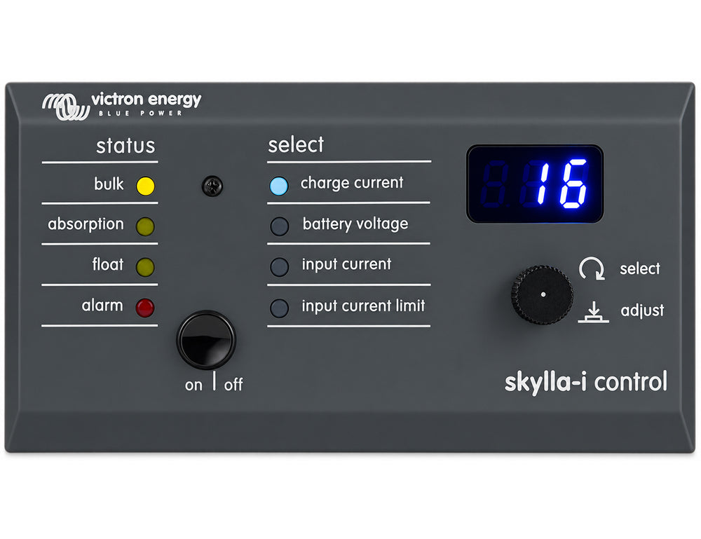 Front view of the Victron Skylla-i Control GX panel showing status LEDs, digital display and selector knob.