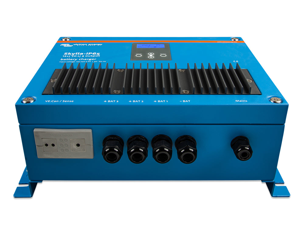 Victron Skylla-IP65 12V 70A three-output battery charger at a front angle, showing its IP65-rated enclosure