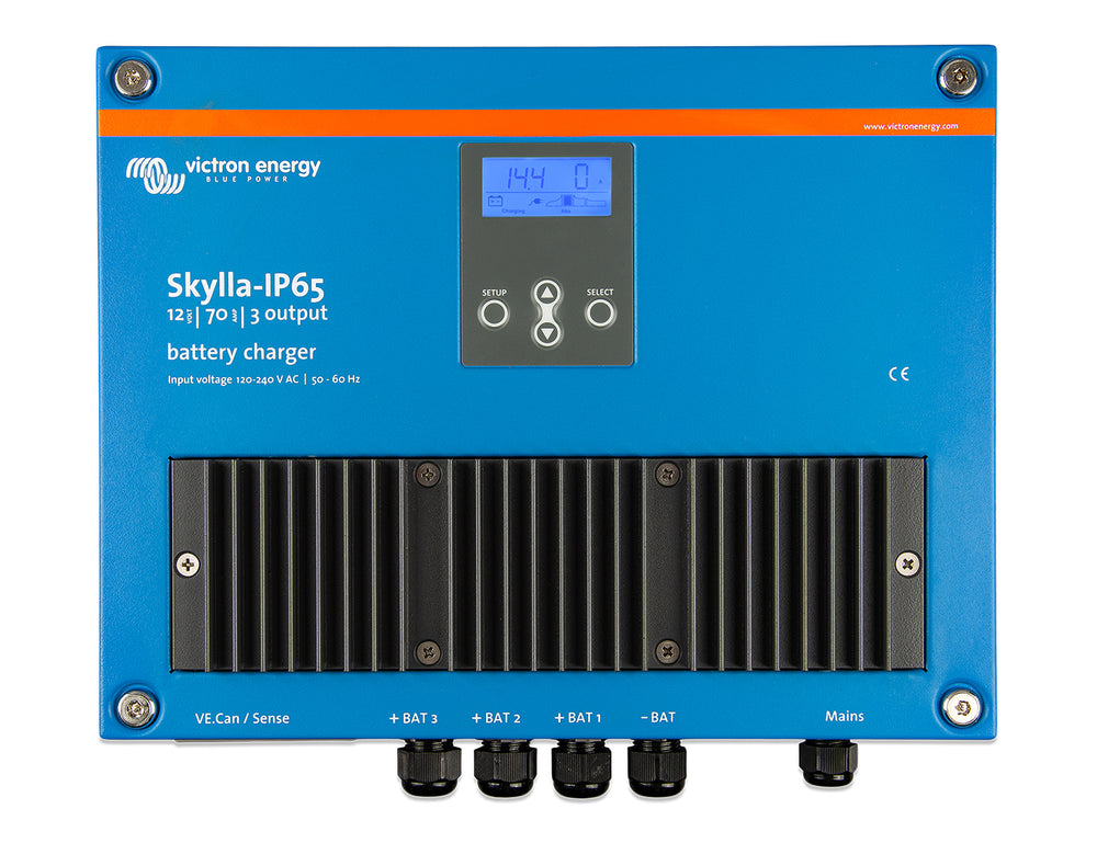 Victron Skylla-IP65 12V 70A charger with three battery outputs viewed from above, IP65-rated enclosure