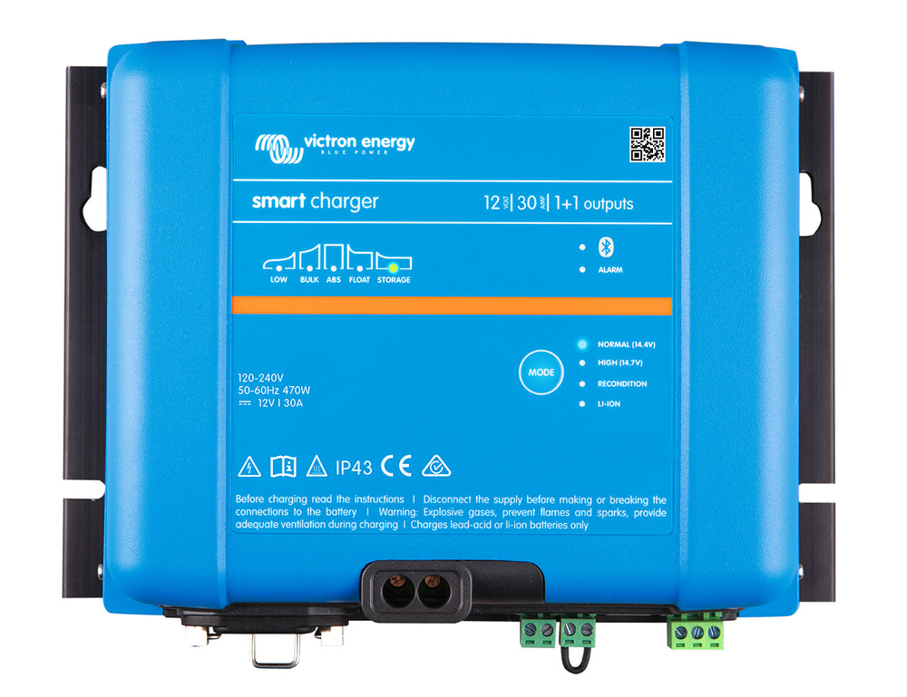Top view of the Victron Smart IP43 Charger 12/30(1+1), a 12V 30A charger with main and starter battery outputs.