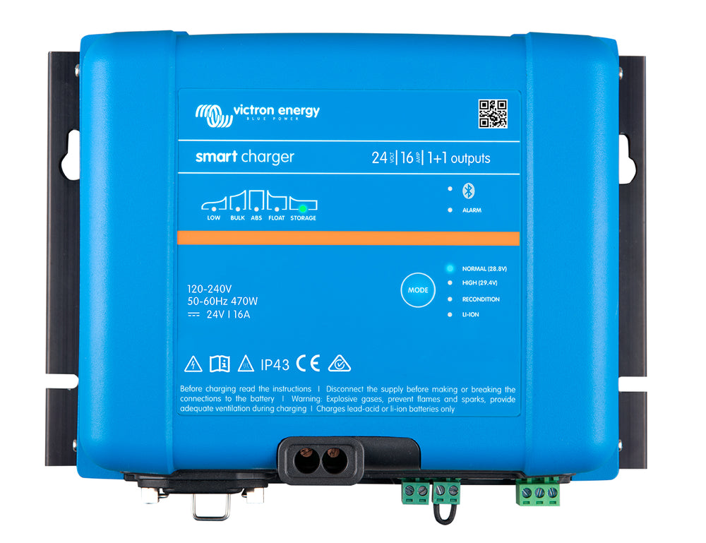 Top view of the Victron Smart IP43 Charger 24/16(1+1), a 24V 16A charger with main and starter battery outputs.