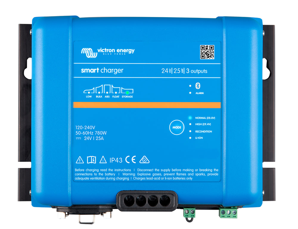 Top view of the Victron Smart IP43 Charger 24/25(3), a 24V 25A charger with three battery outputs.