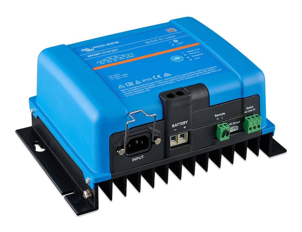 Right side view of the Victron Smart IP43 Charger 36/15(1), showing the blue aluminium IP43 enclosure.