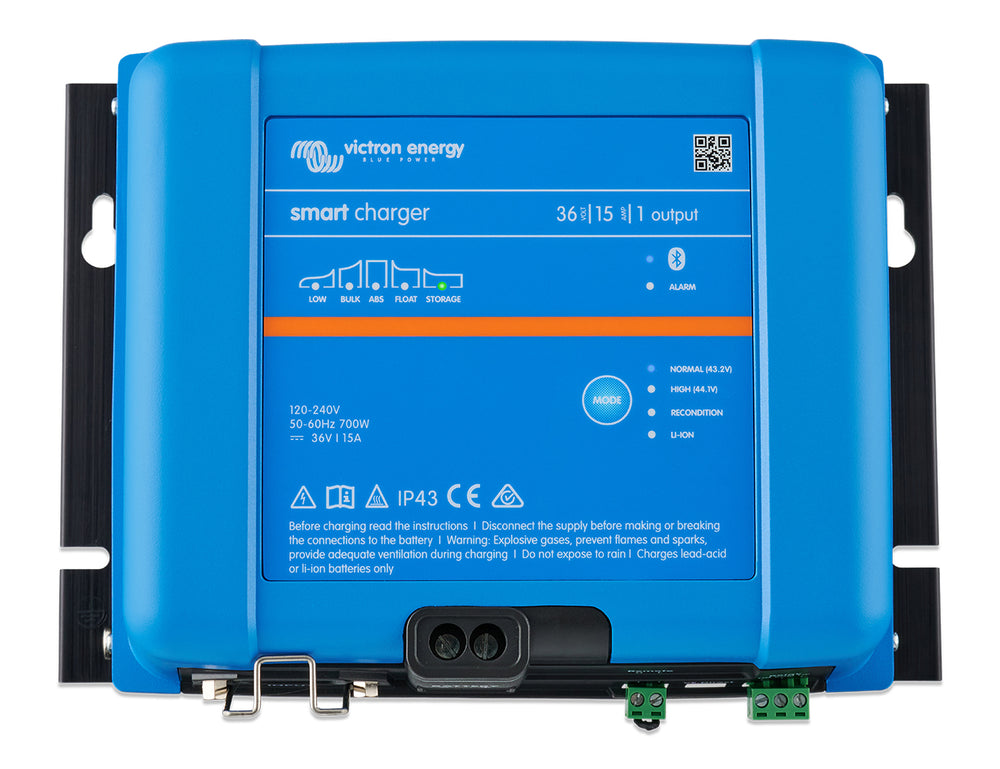 Top view of the Victron Smart IP43 Charger 36/15(1), a 36V 15A charger for a single battery bank.